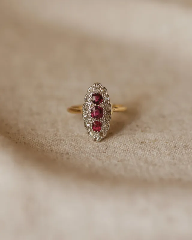 Isabella 1944 18ct Gold Art Deco Ruby & Diamond Panel Ring sold by Rock n Rose