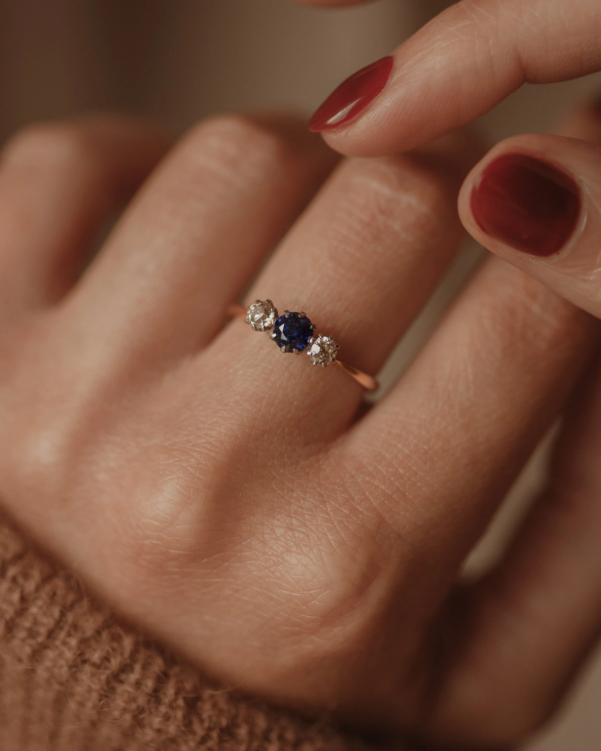 Alice Antique 18ct Gold Sapphire & Diamond Trilogy Ring sold by Rock n Rose product image thumbnail 2