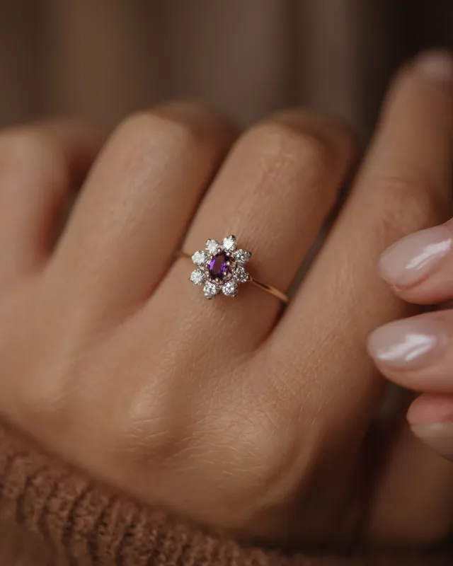 Vera Vintage 9ct Gold Amethyst & CZ Daisy Cluster Ring sold by Rock n Rose