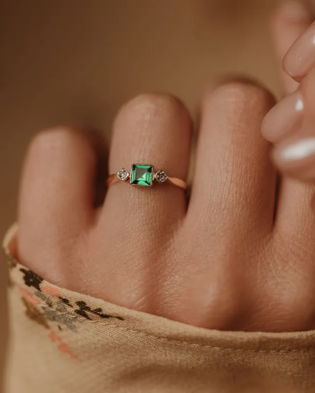 Elma Antique 18ct Gold Green Spinel & Diamond Trilogy Ring sold by Rock n Rose