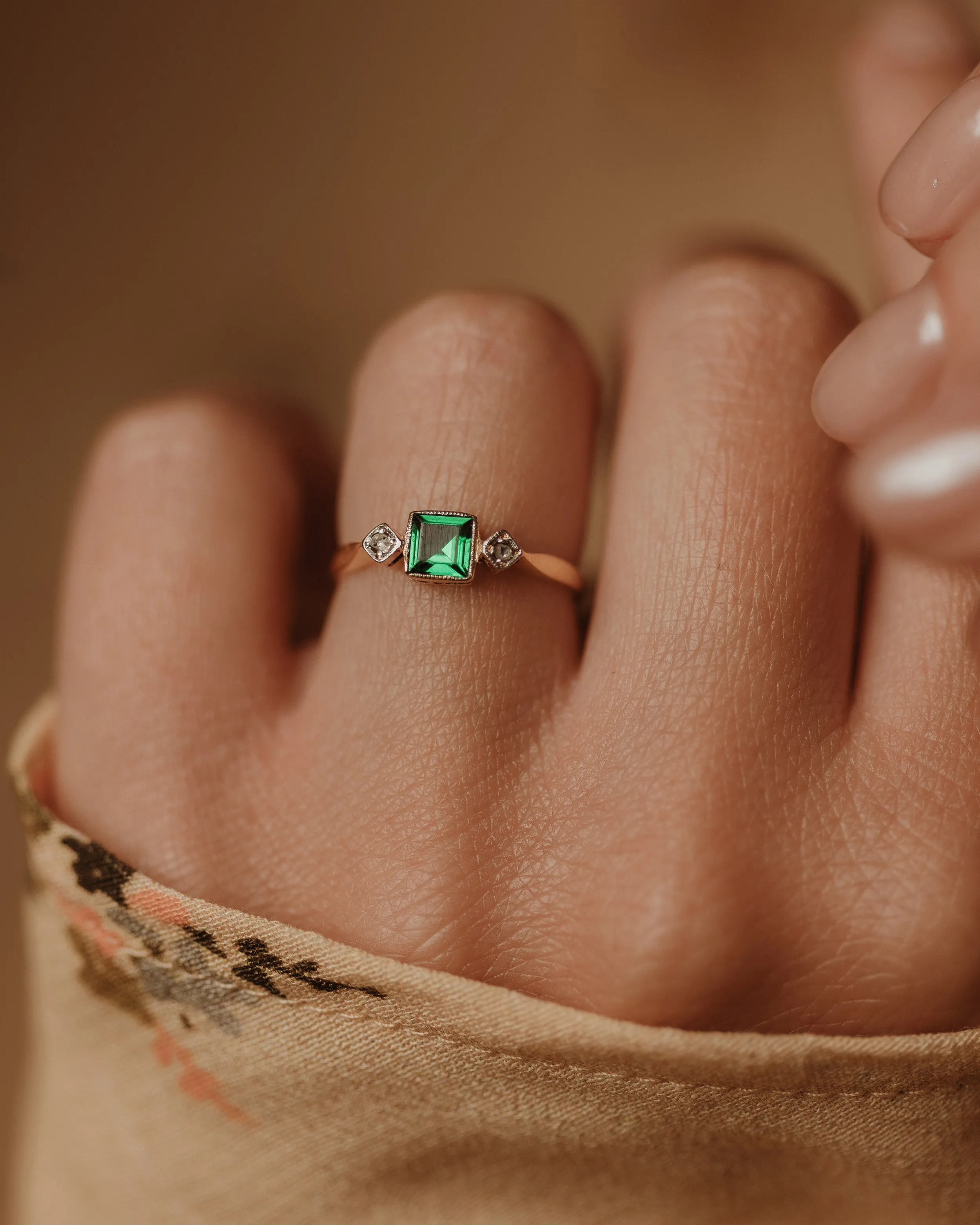 Elma Antique 18ct Gold Green Spinel & Diamond Trilogy Ring sold by Rock n Rose