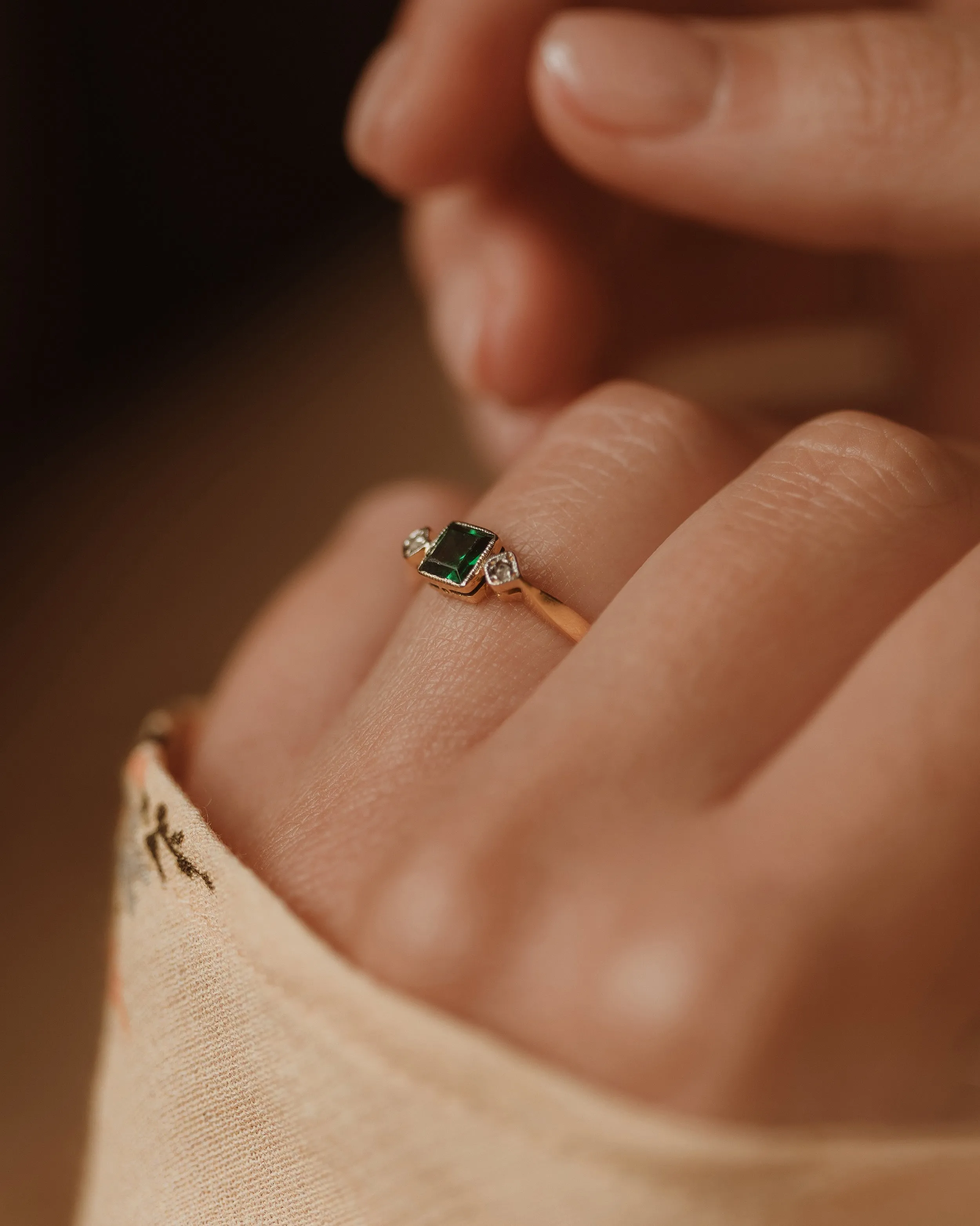 Elma Antique 18ct Gold Green Spinel & Diamond Trilogy Ring sold by Rock n Rose product image thumbnail 2