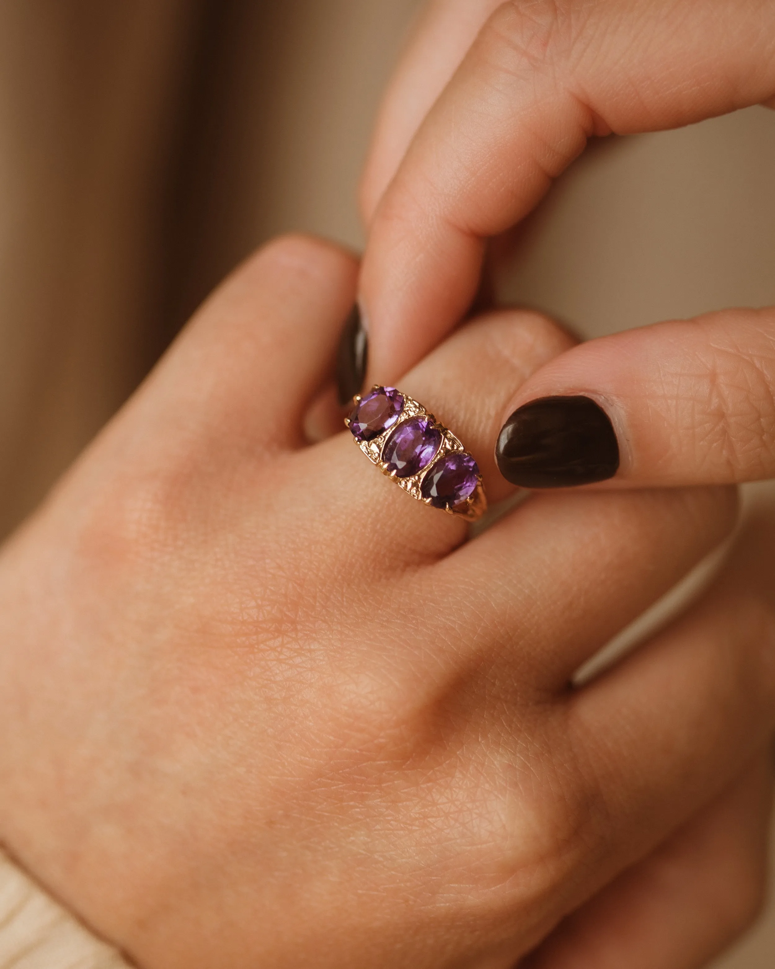 Virgie Vintage 9ct Gold Amethyst Trilogy Ring sold by Rock n Rose