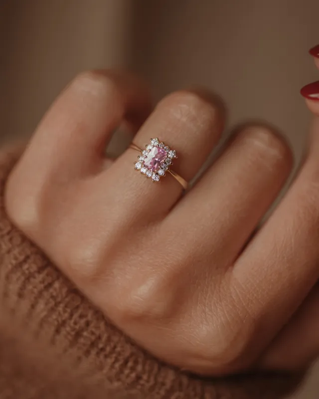 Maude 1984 Vintage 9ct Gold Pink Cubic Zircon Cluster Ring sold by Rock n Rose