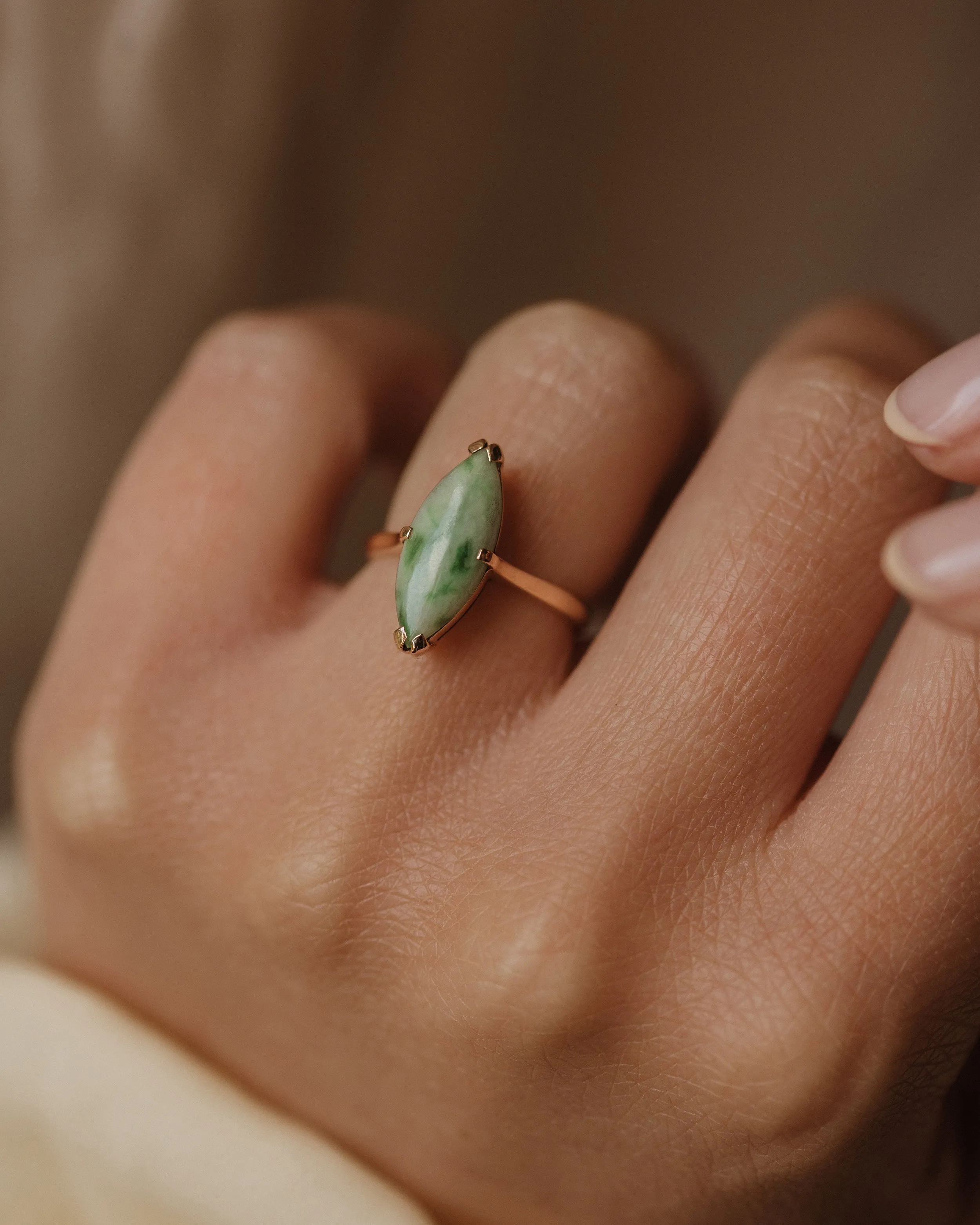 Gretchen Vintage 14ct Gold Jade Marquise Ring sold by Rock n Rose