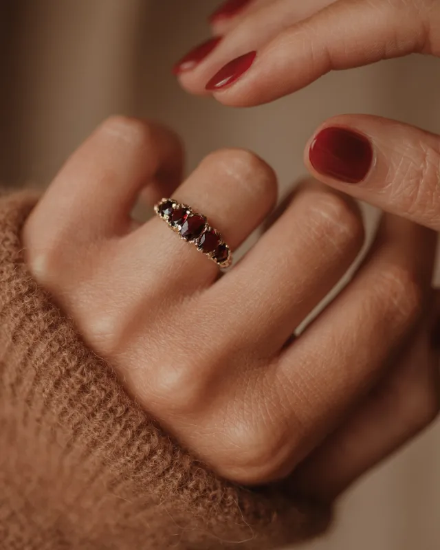Angeline 1978 Vintage 9ct Gold Garnet Five Stone Ring sold by Rock n Rose