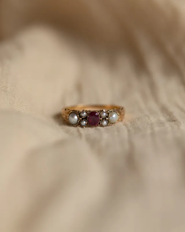 Marie Antique 9ct Gold Ruby & Pearl Seven Stone Ring sold by Rock n Rose