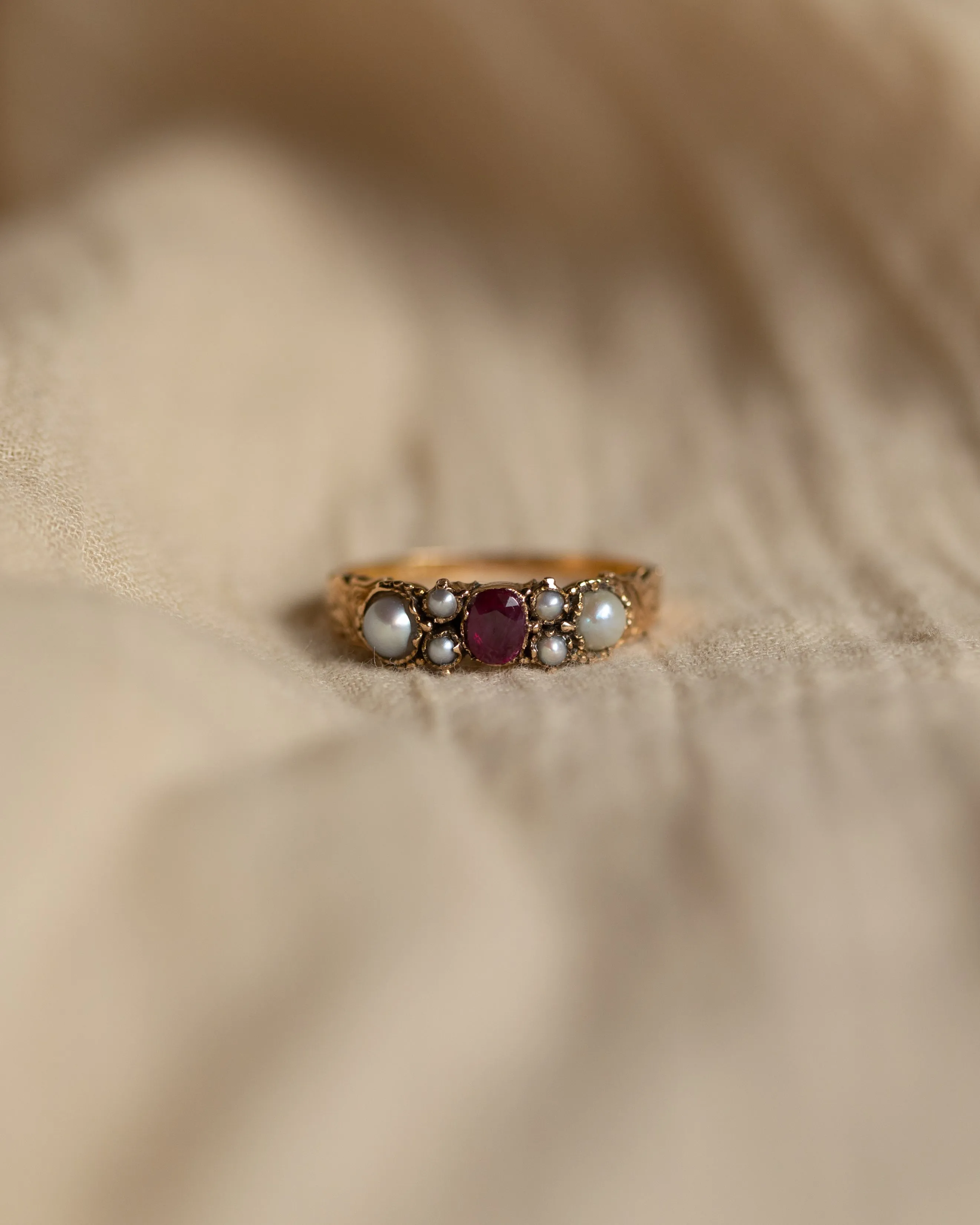 Marie Antique 9ct Gold Ruby & Pearl Seven Stone Ring sold by Rock n Rose