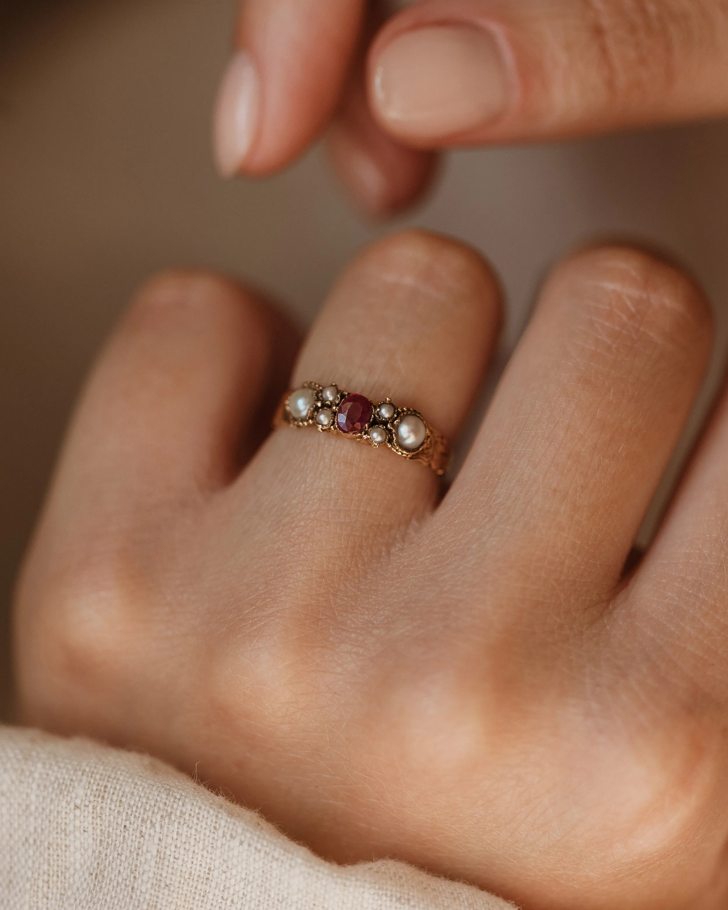 Marie Antique 9ct Gold Ruby & Pearl Seven Stone Ring sold by Rock n Rose product image thumbnail 3