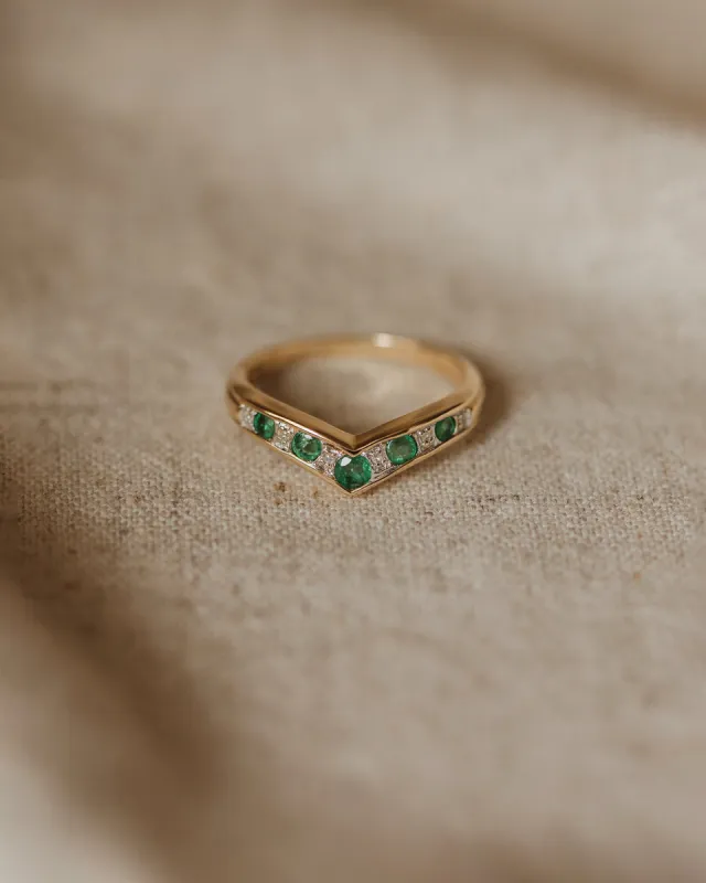 Daphne Vintage 9ct Gold Emerald & Diamond Wishbone Ring sold by Rock n Rose