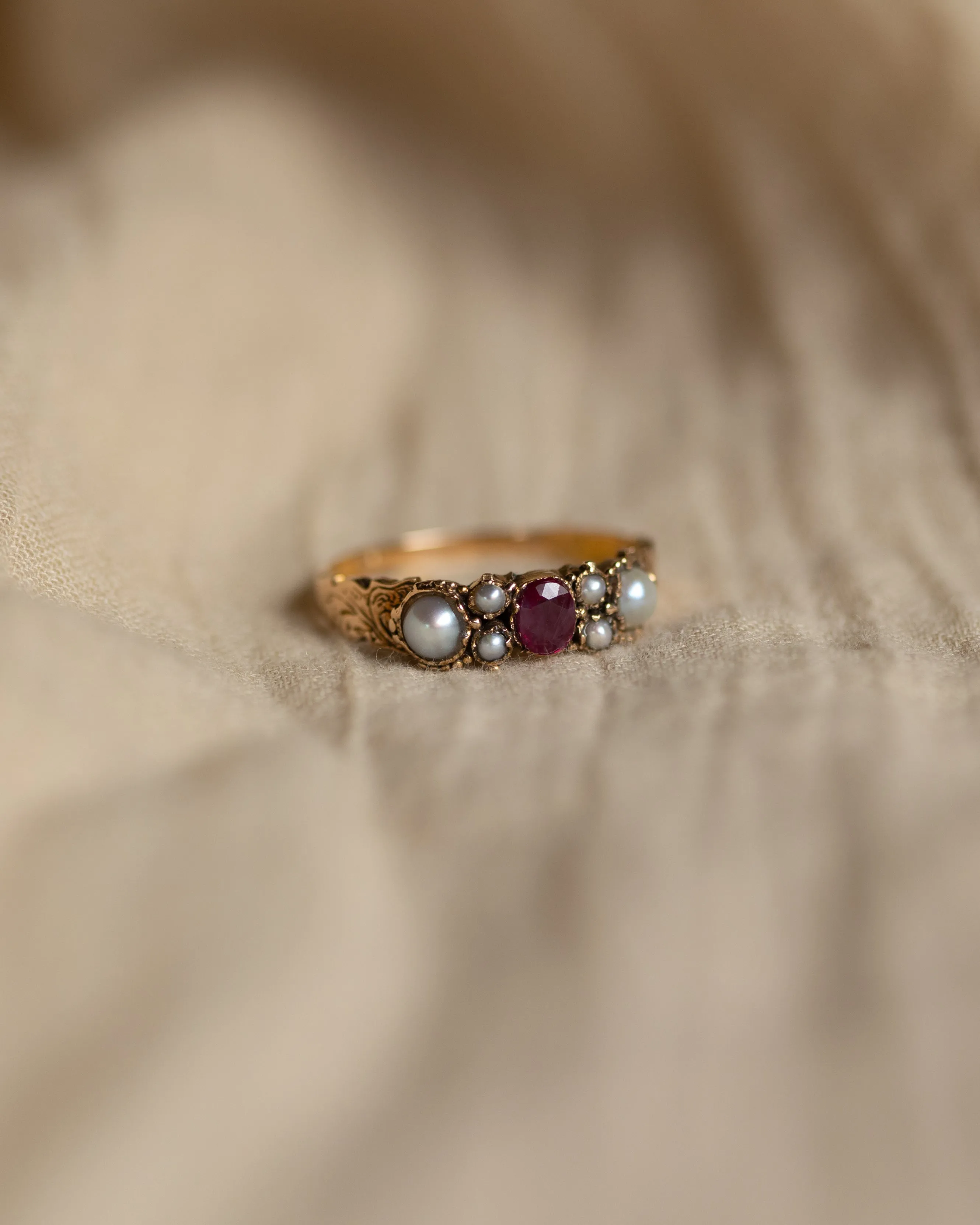 Marie Antique 9ct Gold Ruby & Pearl Seven Stone Ring sold by Rock n Rose product image thumbnail 4