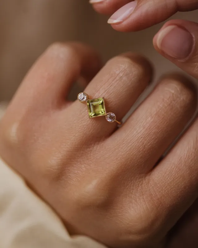 Inez Antique 18ct Gold Green Paste & Sapphire Trilogy Ring sold by Rock n Rose