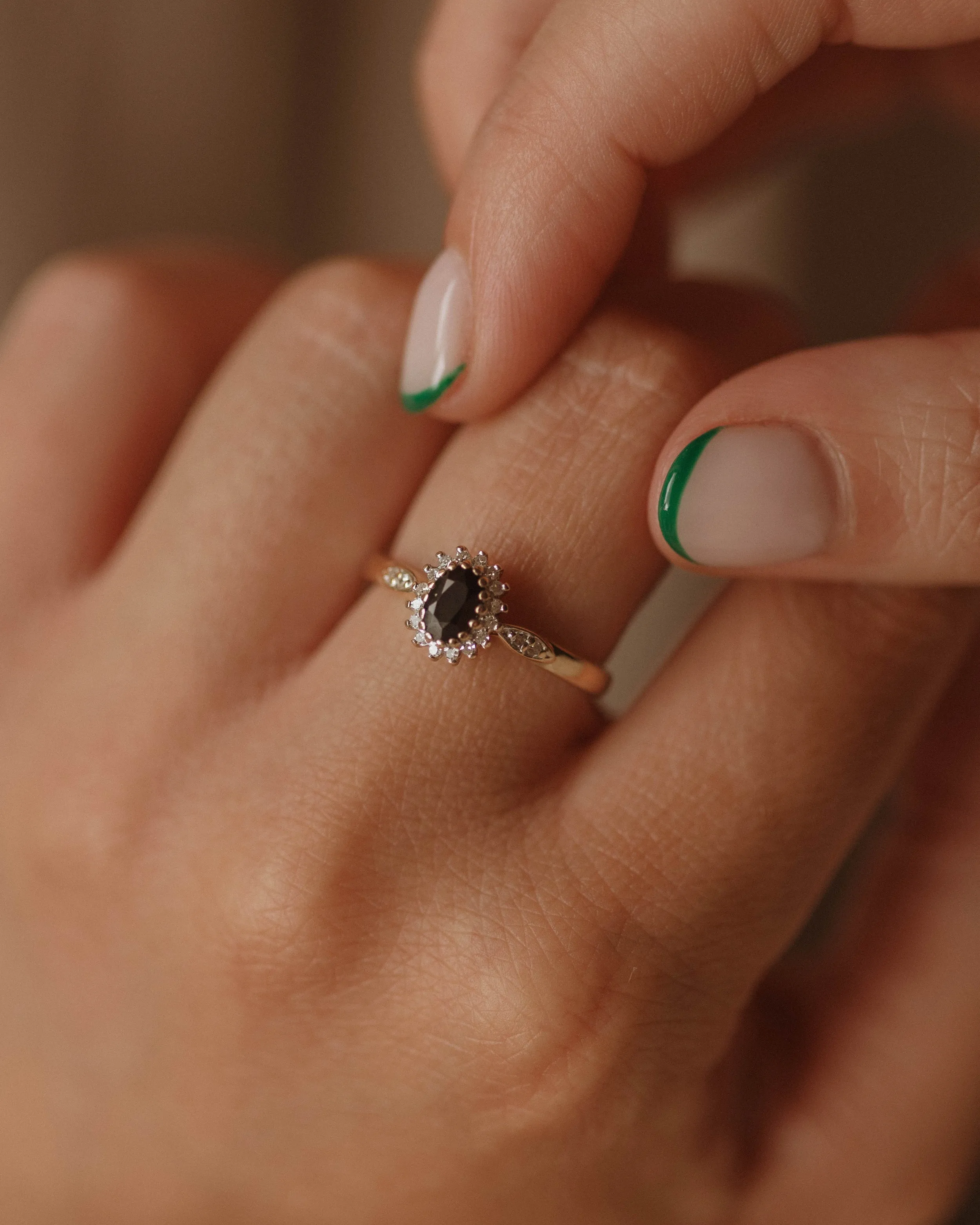 Maeve Vintage 9ct Gold Sapphire & Diamond Cluster Ring sold by Rock n Rose