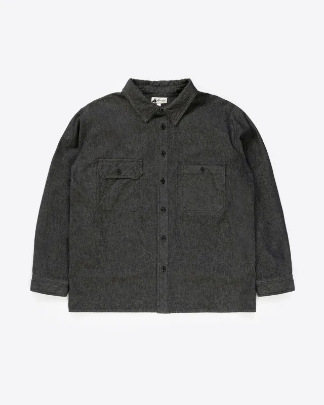 The Lachlan Shirt in Black Denim sold by Manresa