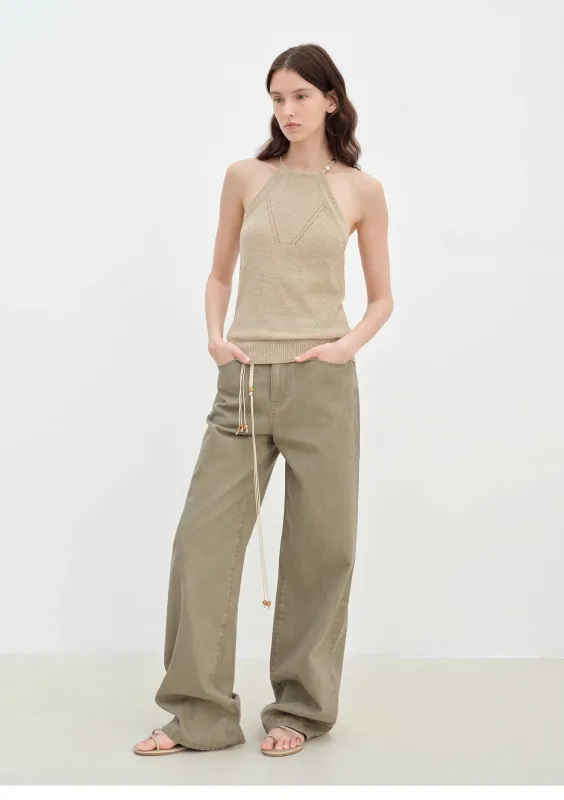 "Moussaka" wooden beaded lace-up halterneck knitted vest sold by Firelady Sheepskin