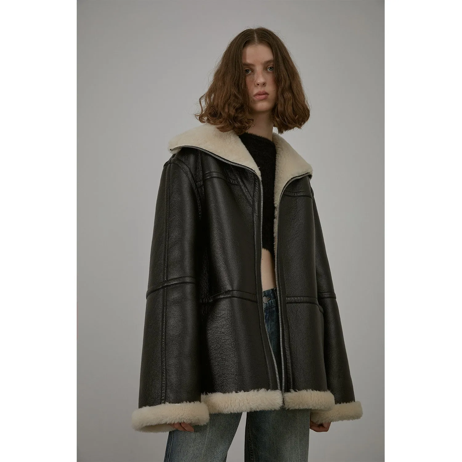 “August Night”Wool Artificial Compound Leather Reversible Shearling Jacket sold by Firelady Sheepskin product image thumbnail 5