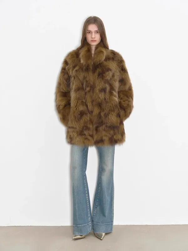 Paris Moonlight Night Funky Print Swoosh Fluffy Stand Collar Drop Shoulder Fox Fur Coat sold by Firelady Sheepskin