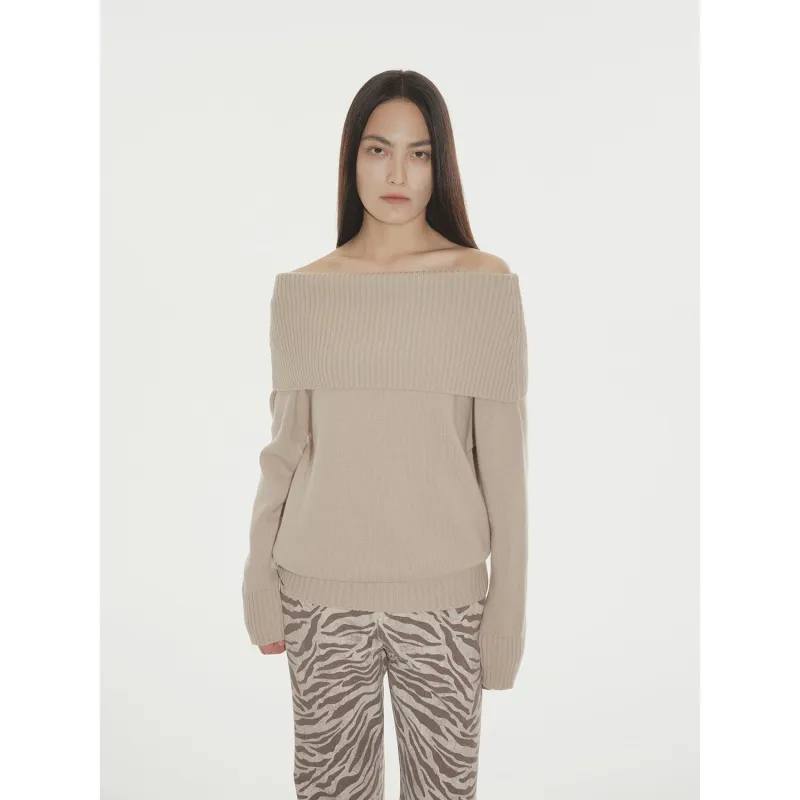 "Warm Women's Formula" French simple and versatile merino wool blended one-neck off-the-shoulder sweater sold by Firelady Sheepskin
