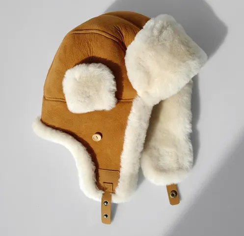 Merino wool warm earmuffs genuine leather suede aviator hat sold by Firelady Sheepskin
