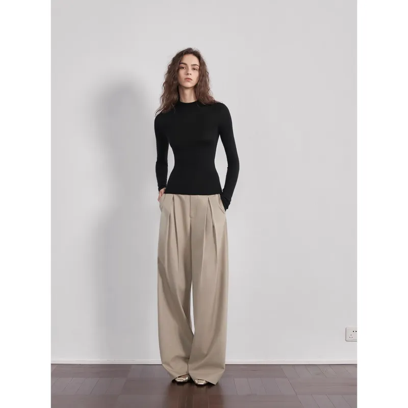 “Street Sketch”Fine-Spun Wool Fashion, Waistless Pleated Loose-Fitting Straight-Leg and Wide-Leg Casual Trousers for Women sold by Firelady Sheepskin