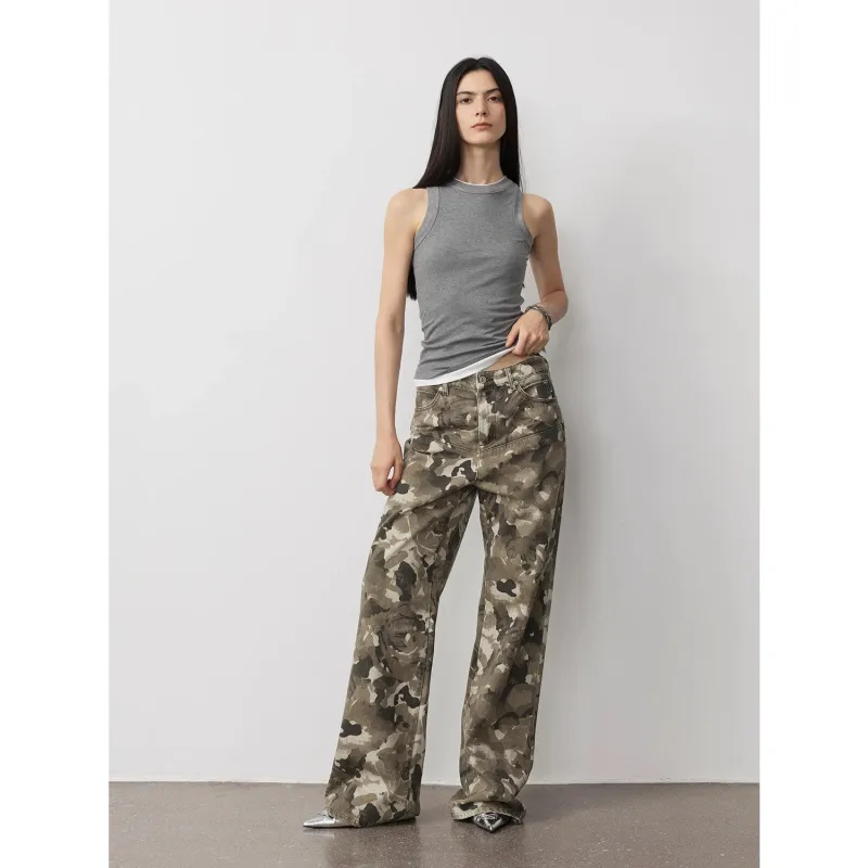 "Camouflage Charm " Cool, Trendy, Unique, and Personalized Original Camouflage Print Washed Loose Straight-Leg Denim Jeans sold by Firelady Sheepskin