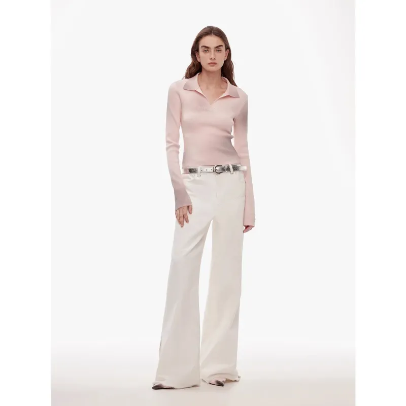 Vintage style curved split design enzyme wash process wide-leg micro-lapel mid-low waist denim pants sold by Firelady Sheepskin