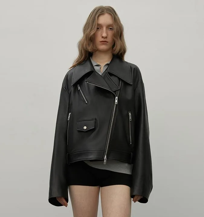 "Retro Film" Motorcycle Sheep Leather Jacket Women's Genuine Leather Jacket sold by Firelady Sheepskin product image thumbnail 4