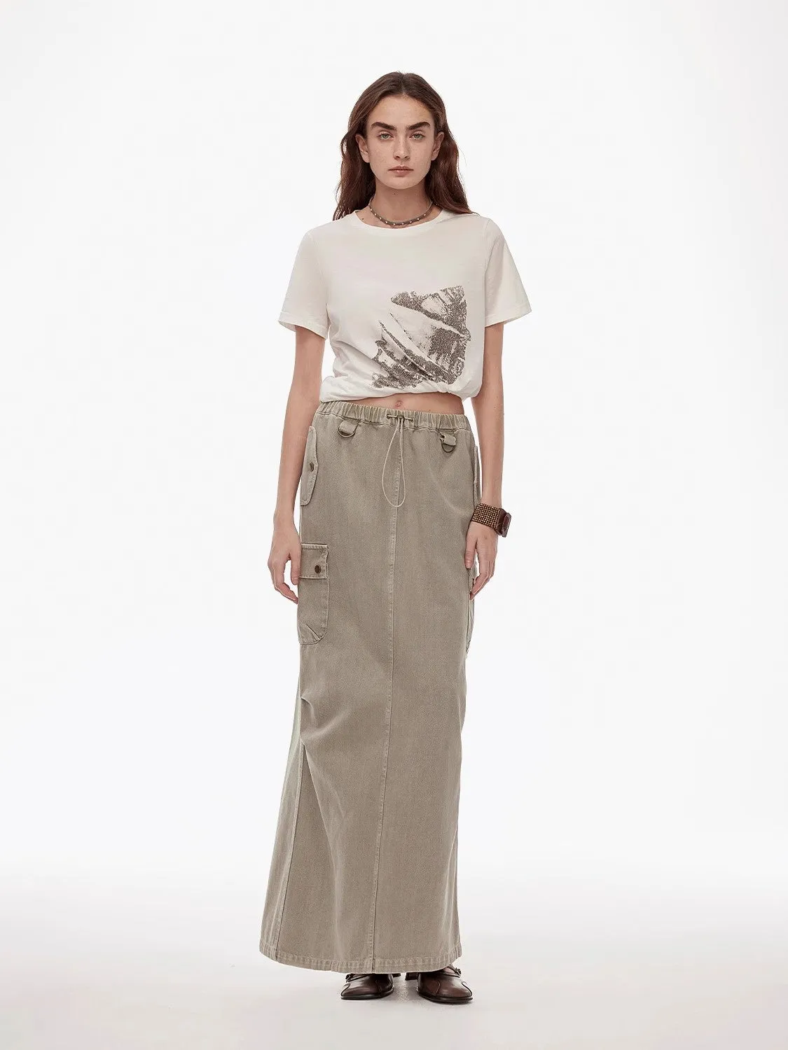 "Dune Fantasy" Wasteland Style Washed Drawstring Elastic Low Rise Straight Workwear Denim Skirt sold by Firelady Sheepskin product image thumbnail 5