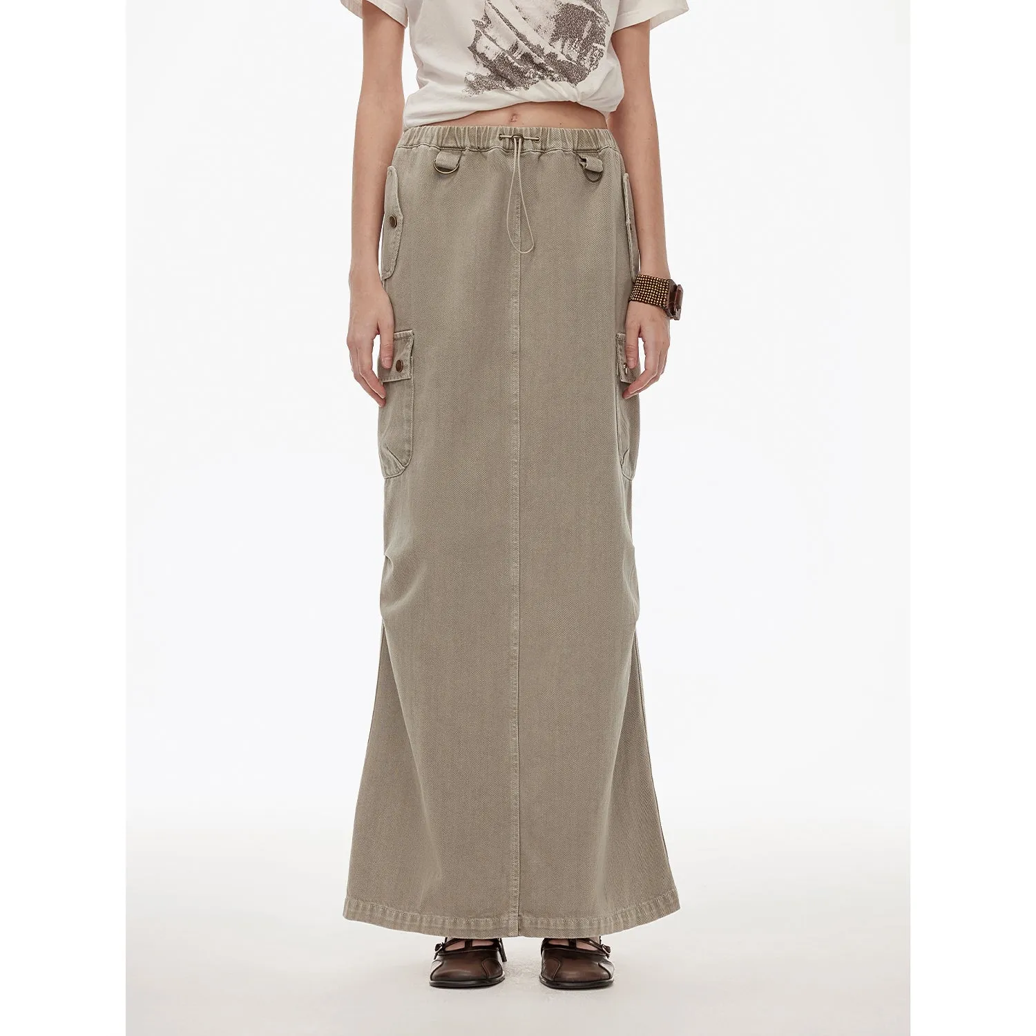 "Dune Fantasy" Wasteland Style Washed Drawstring Elastic Low Rise Straight Workwear Denim Skirt sold by Firelady Sheepskin product image thumbnail 2