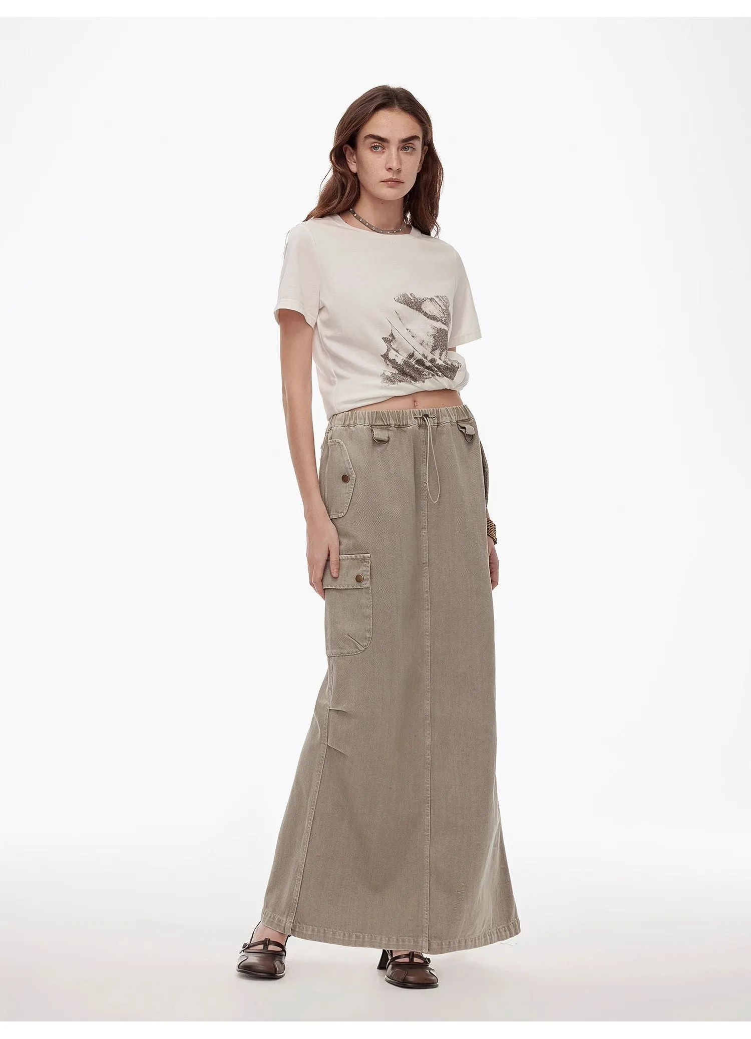 "Dune Fantasy" Wasteland Style Washed Drawstring Elastic Low Rise Straight Workwear Denim Skirt sold by Firelady Sheepskin