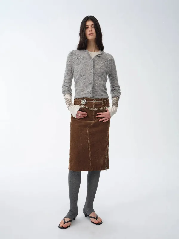 "Early Spring Sun" Retro Distressed Flocked Denim Straight Skirt Side Zipper Slit Skirt sold by Firelady Sheepskin