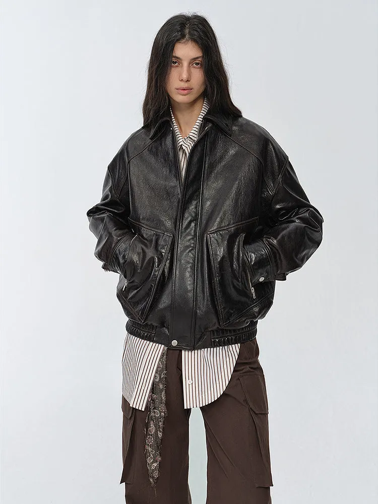 "New York International Student" Retro and fashionable imported waxed  leather bomber jacket sold by Firelady Sheepskin product image thumbnail 2