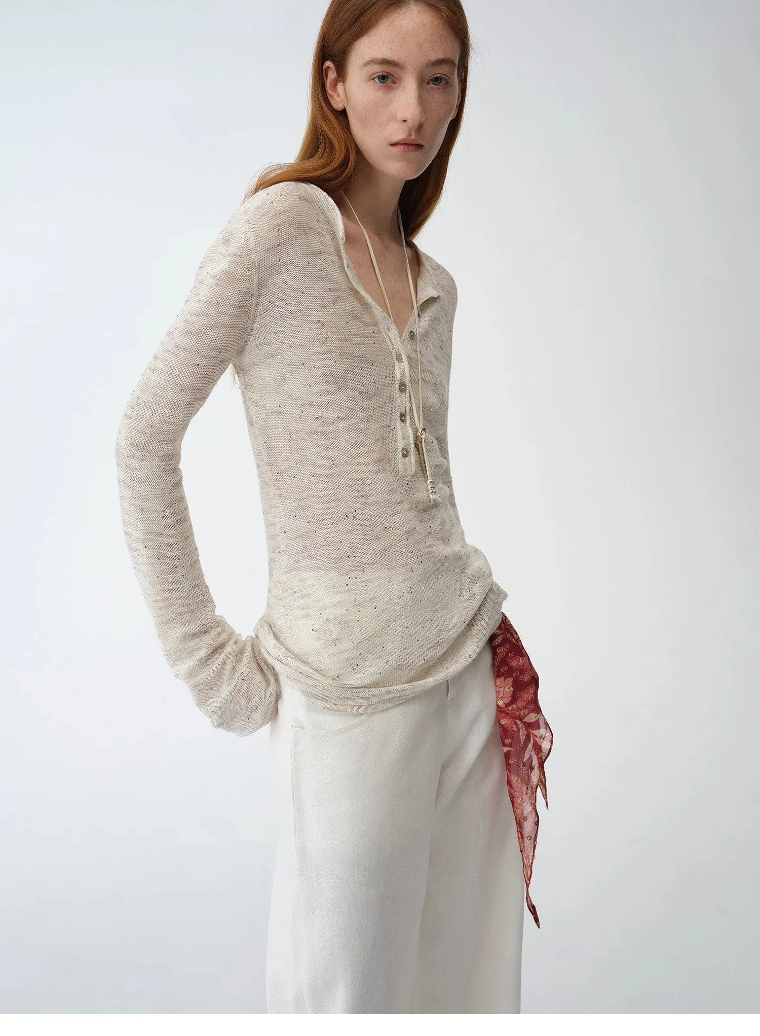 "Perry Moonlight" fashionable cotton and linen beaded fancy yarn waisted bell sleeves round neck cardigan knitted top sold by Firelady Sheepskin product image thumbnail 5