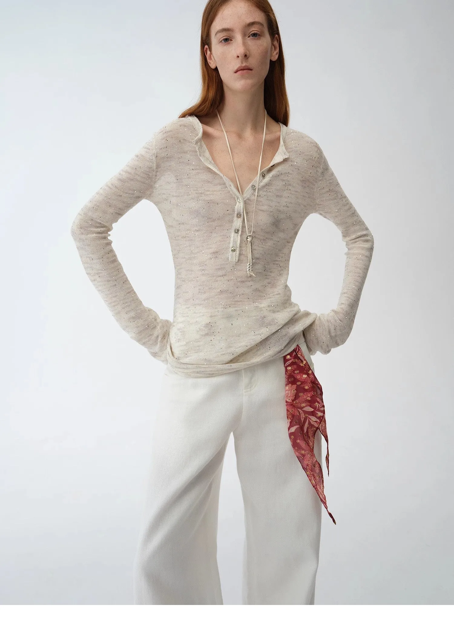 "Perry Moonlight" fashionable cotton and linen beaded fancy yarn waisted bell sleeves round neck cardigan knitted top sold by Firelady Sheepskin product image thumbnail 2