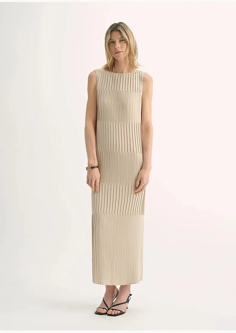 Original design handmade pleated straight sleeveless boat neck dress sold by Firelady Sheepskin