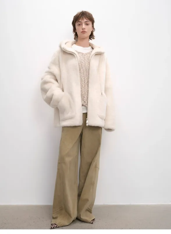 "Otaru Snow" casual hooded silhouette dropped shoulder merino wool sheepskin fur coat for women sold by Firelady Sheepskin