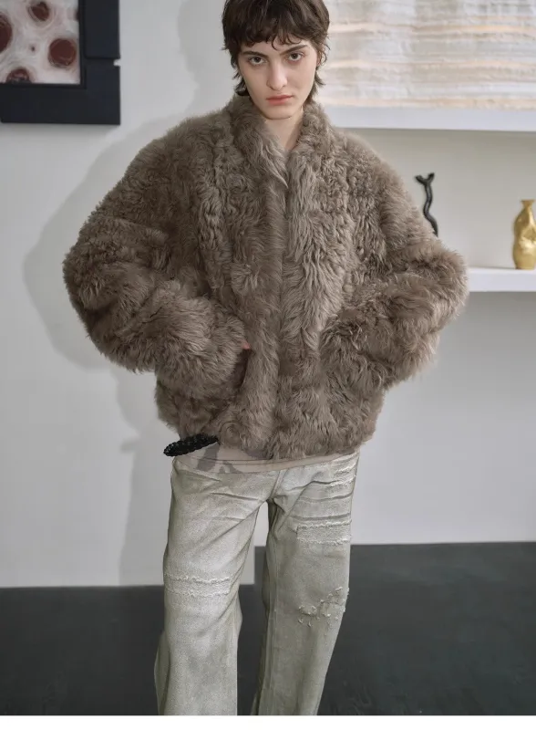 "Autumn Basel" imported Tuscan sheepskin half-roll short casual fur coat sold by Firelady Sheepskin