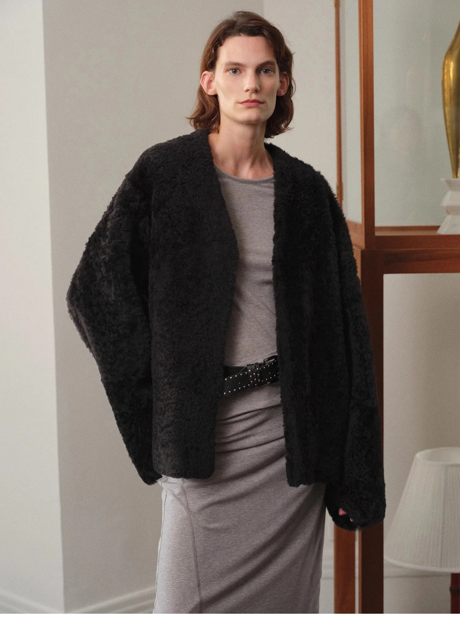 "Paris Night" luxury lightweight v-neck mid-length imported ragone sheepskin fur coat sold by Firelady Sheepskin product image thumbnail 2