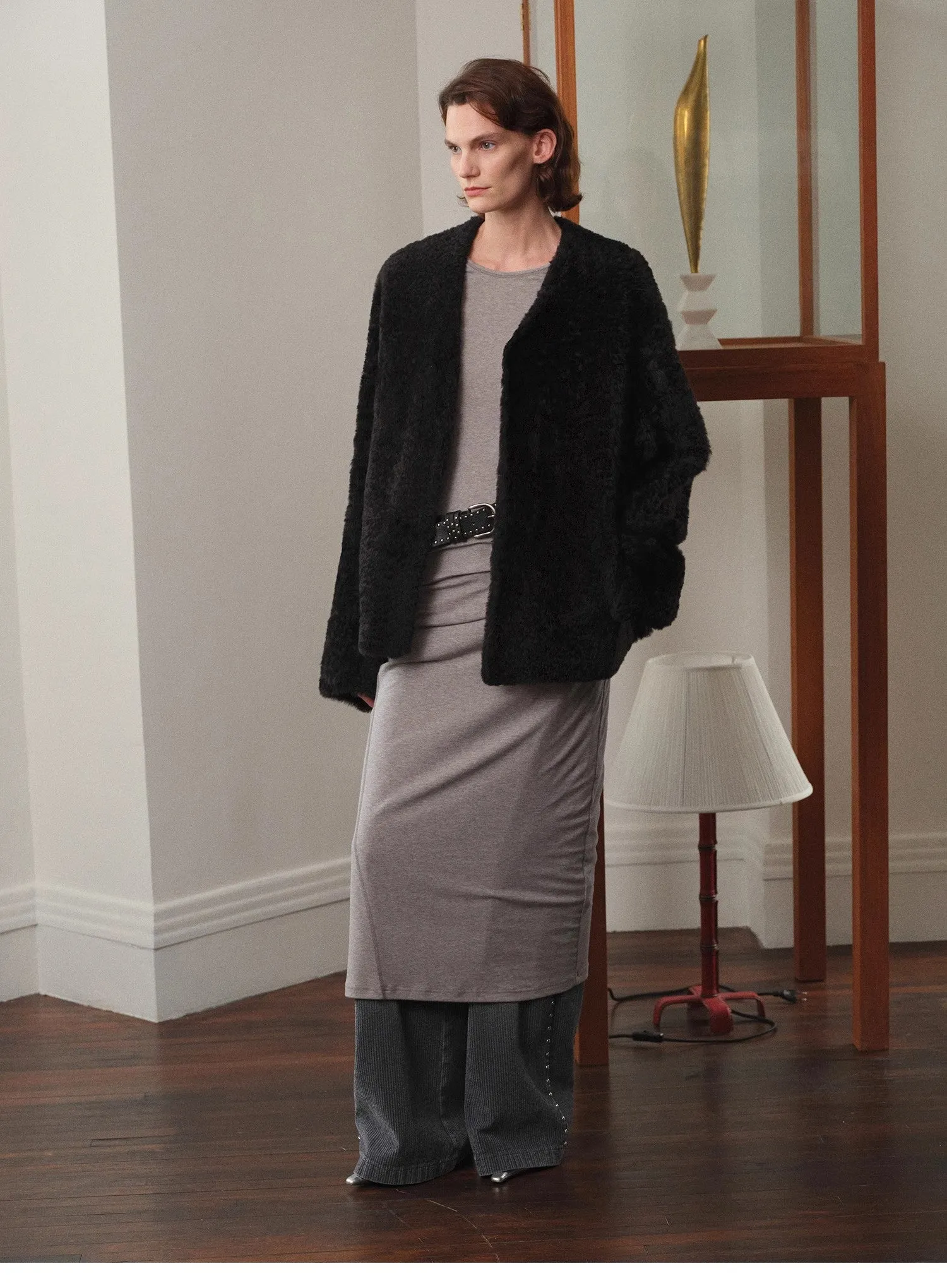 "Paris Night" luxury lightweight v-neck mid-length imported ragone sheepskin fur coat sold by Firelady Sheepskin