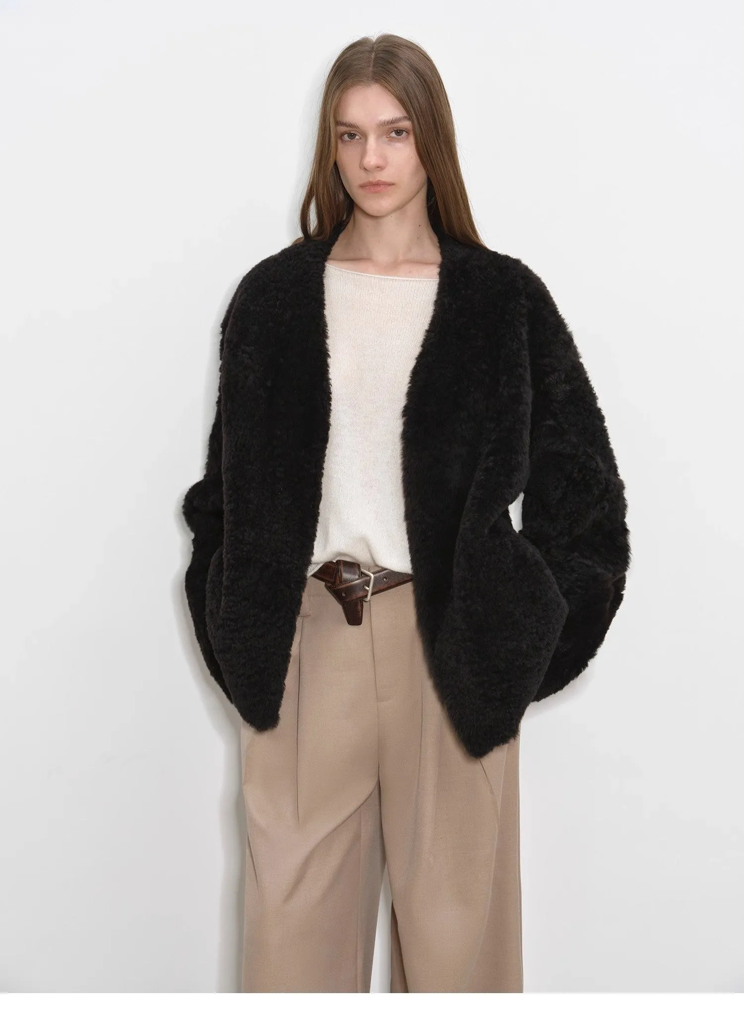 "Paris Night" luxury lightweight v-neck mid-length imported ragone sheepskin fur coat sold by Firelady Sheepskin product image thumbnail 5