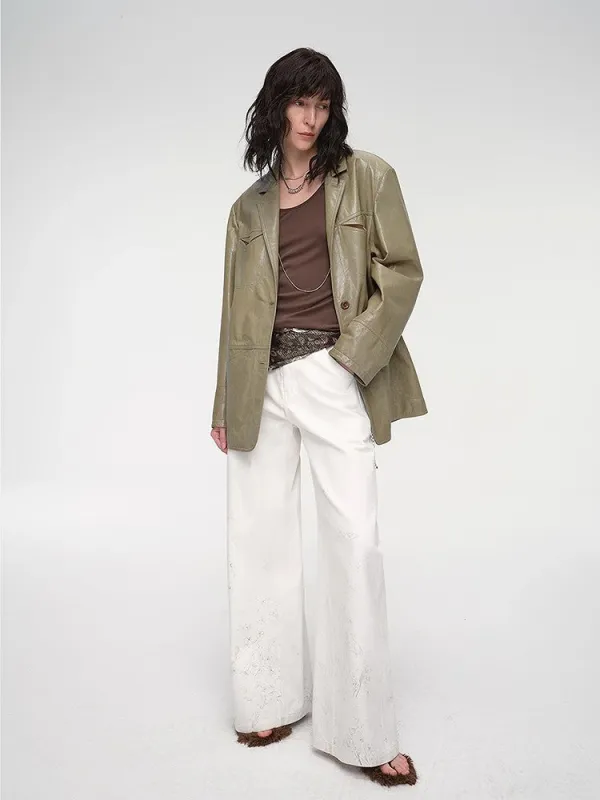 "Windsor Past" wide shoulder multi-pocket suit waxed leather jacket sold by Firelady Sheepskin