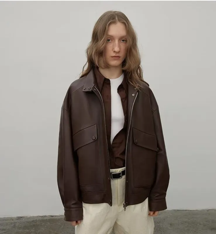 "Loveless Muse" Brown Retro Genuine Leather Jacket Women's Motorcycle Sheep Leather Jacket Short sold by Firelady Sheepskin