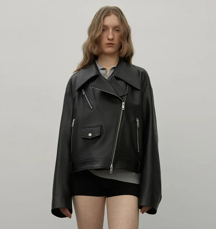 "Retro Film" Motorcycle Sheep Leather Jacket Women's Genuine Leather Jacket sold by Firelady Sheepskin