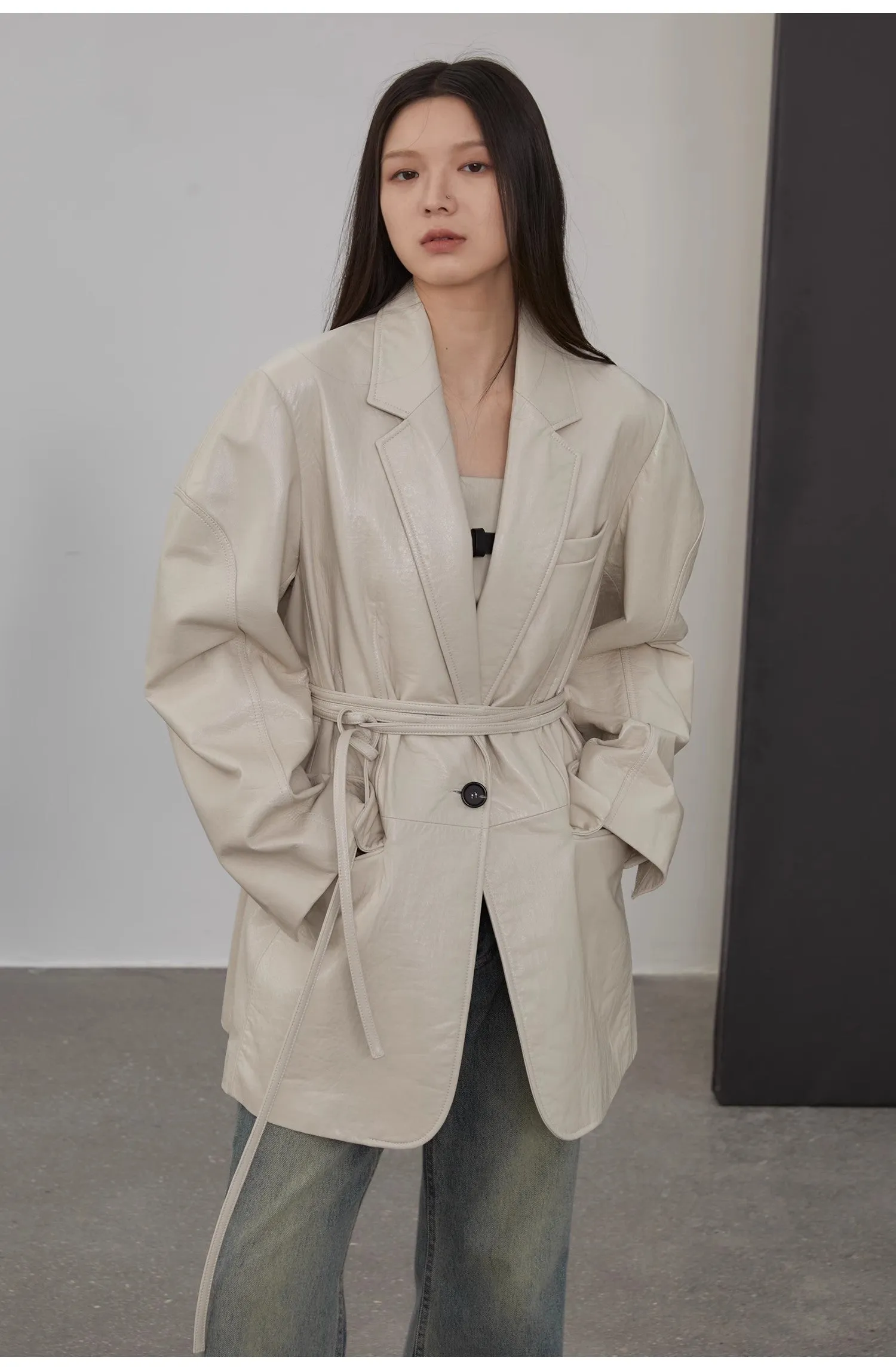 "Dark Side of the Moon"Imported wide-shoulder lightweight lace-up suit leather jacket textured genuine leather jacket sold by Firelady Sheepskin product image thumbnail 2