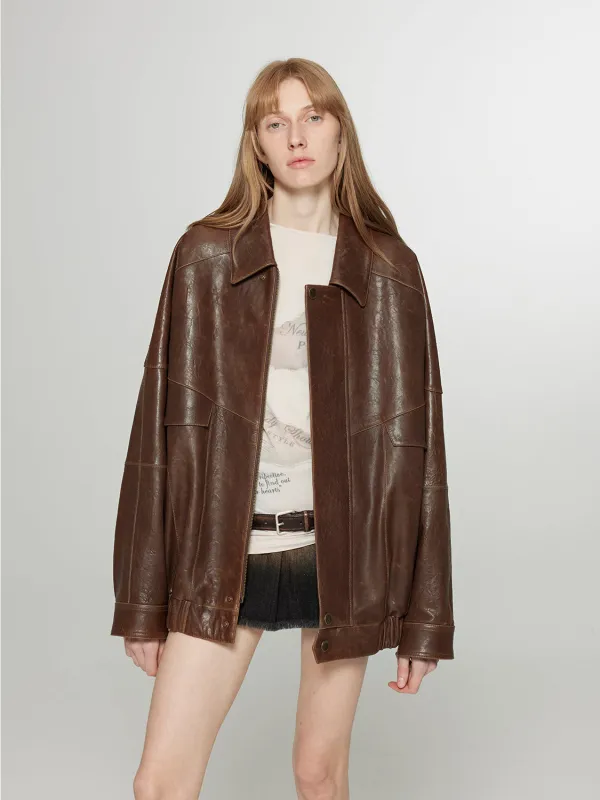 Rebel Vintage distressed waxed silhouette lapel leather jacket sold by Firelady Sheepskin