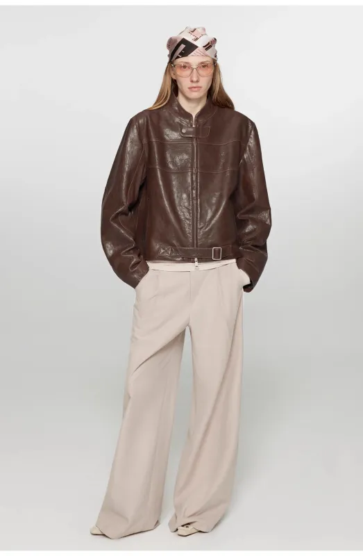 Caramel Mountain Retro Leather Stand Collar Short Motorcycle Jacket sold by Firelady Sheepskin