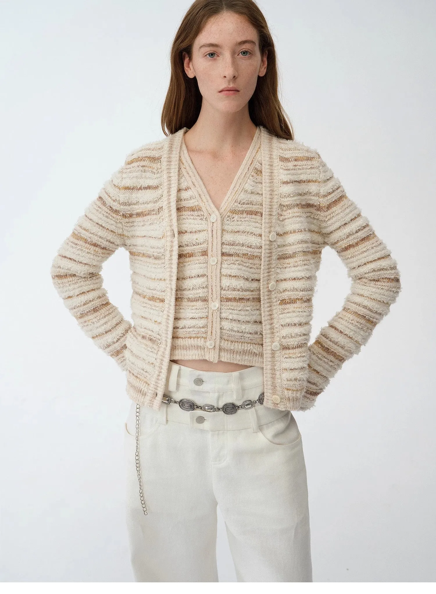 "Nice Weekend" striped mixed woven V-neck early spring layered knitted cardigan top/vest sold by Firelady Sheepskin product image thumbnail 2