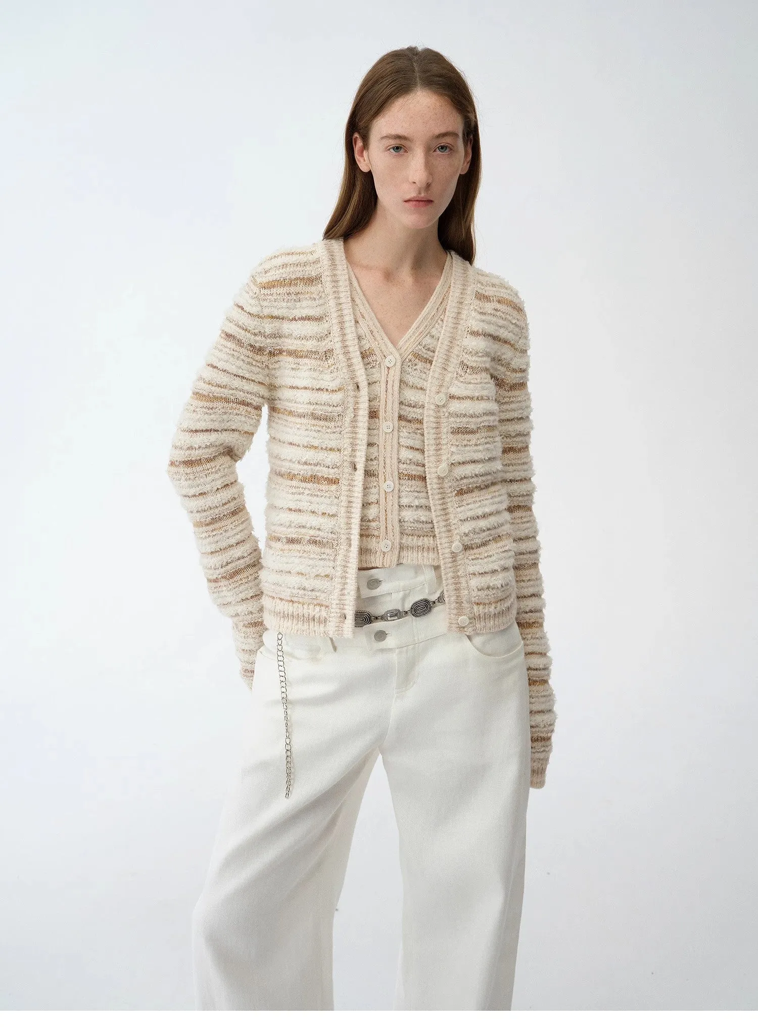 "Nice Weekend" striped mixed woven V-neck early spring layered knitted cardigan top/vest sold by Firelady Sheepskin