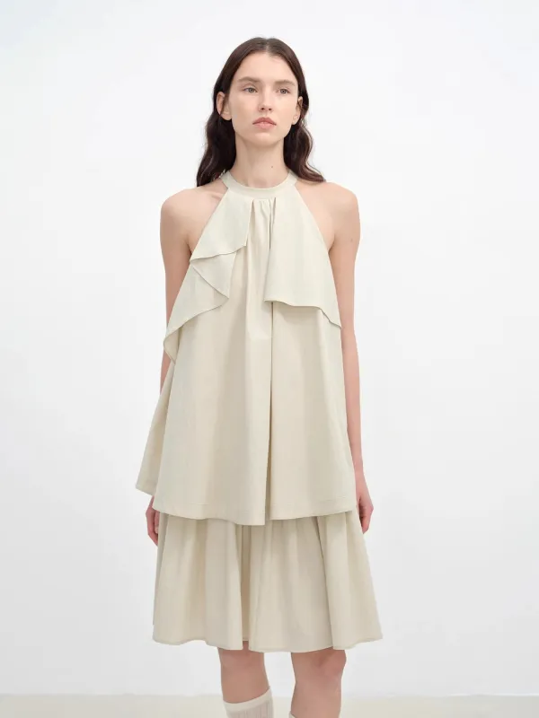 "Floating Island Manor" small stand-up collar design asymmetrical halter dress sold by Firelady Sheepskin