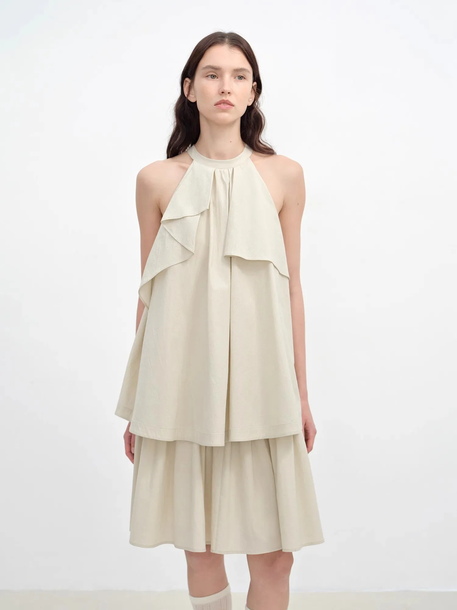 "Floating Island Manor" small stand-up collar design asymmetrical halter dress sold by Firelady Sheepskin